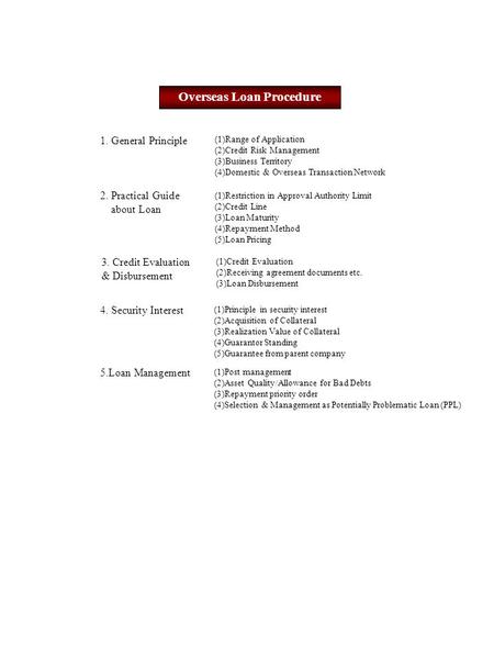 Overseas Loan Procedure 1. General Principle (1)Range of Application (2)Credit Risk Management (3)Business Territory (4)Domestic & Overseas Transaction.