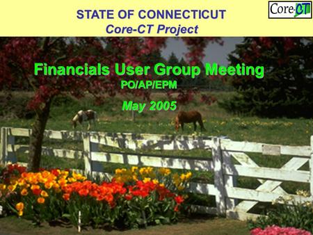 STATE OF CONNECTICUT Core-CT Project Financials User Group Meeting PO/AP/EPM May 2005.