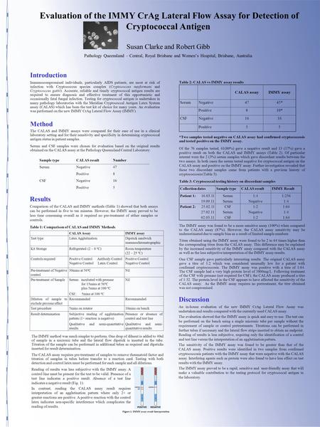 Evaluation of the IMMY CrAg Lateral Flow Assay for Detection of Cryptococcal Antigen Susan Clarke and Robert Gibb Pathology Queensland – Central, Royal.