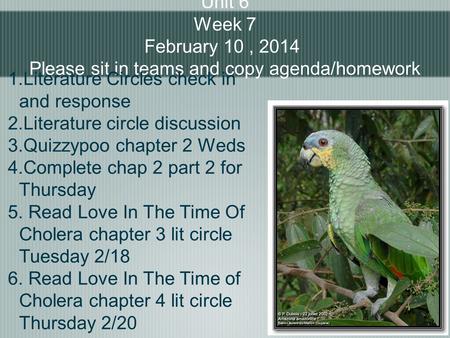 Unit 6 Week 7 February 10, 2014 Please sit in teams and copy agenda/homework 1.Literature Circles check in and response 2.Literature circle discussion.