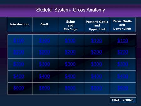 Skeletal System- Gross Anatomy $100 $200 $300 $400 $500 $100$100$100 $200 $300 $400 $500 Introduction FINAL ROUND Skull Spine and Rib Cage Pectoral Girdle.