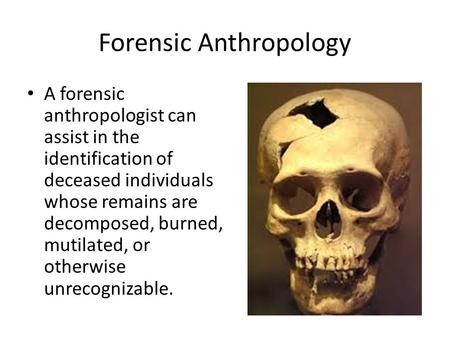 Forensic Anthropology A forensic anthropologist can assist in the identification of deceased individuals whose remains are decomposed, burned, mutilated,