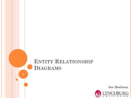 E NTITY R ELATIONSHIP D IAGRAMS Joe Meehean 1. E NTITY R ELATIONSHIP M ODEL Entity type an object (noun) e.g., student attributes (e.g., last name) Relationship.