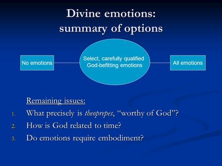 Divine emotions: summary of options Remaining issues: 1. What precisely is theoprepes, “worthy of God”? 2. How is God related to time? 3. Do emotions require.