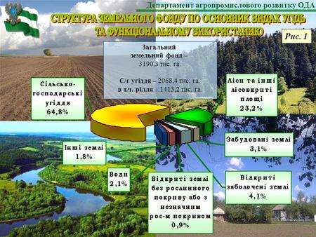 Загальний земельний фонд – 3190,3 тис. га. С/г угіддя – 2068,4 тис. га. в т.ч. рілля – 1413,2 тис. га. Департамент агропромислового розвитку ОДА Рис. 1.