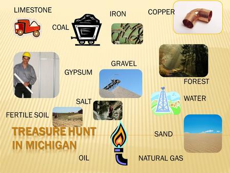 IRON NATURAL GAS OIL GRAVEL GYPSUM LIMESTONE WATER COPPER SALT SAND FERTILE SOIL COAL FOREST.