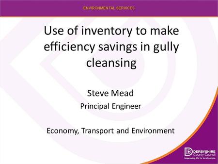 ENVIRONMENTAL SERVICES Use of inventory to make efficiency savings in gully cleansing Steve Mead Principal Engineer Economy, Transport and Environment.