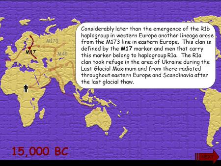 15,000 BC M173 M45 Considerably later than the emergence of the R1b haplogroup in western Europe another lineage arose from the M173 line in eastern Europe.