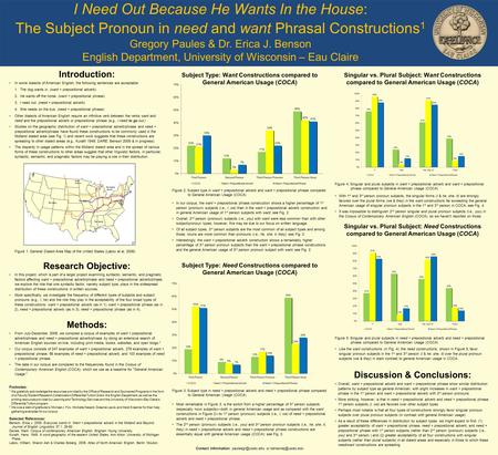 I Need Out Because He Wants In the House: The Subject Pronoun in need and want Phrasal Constructions 1 Gregory Paules & Dr. Erica J. Benson English Department,