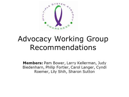 Advocacy Working Group Recommendations Members: Pam Bower, Larry Kellerman, Judy Biedenharn, Philip Fortier, Carol Langer, Cyndi Roemer, Lily Shih, Sharon.