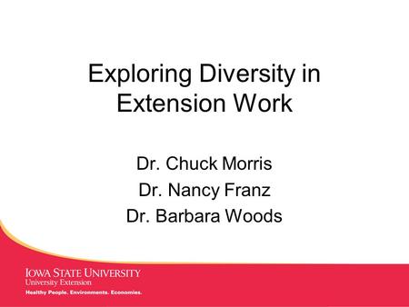 MANAGING Tough Times Exploring Diversity in Extension Work Dr. Chuck Morris Dr. Nancy Franz Dr. Barbara Woods.