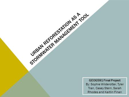 URBAN REFORESTATION AS A STORMWATER MANAGEMENT TOOL GEOG591 Final Project By: Sophie Wilderotter, Tyler Tran, Casey Stern, Sarah Rhodes and Kaitlin Finan.