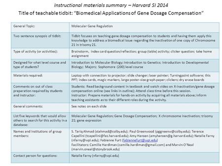 Instructional materials summary – Harvard SI 2014 Title of teachable tidbit: “Biomedical Applications of Gene Dosage Compensation” General Topic:Molecular.