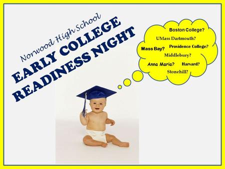 Norwood High School EARLY COLLEGE READINESS NIGHT Boston College? UMass Dartmouth? Providence College? Middlebury? Mass Bay? Stonehill? Anna Maria? Harvard?