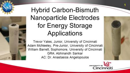 Hybrid Carbon-Bismuth Nanoparticle Electrodes for Energy Storage Applications Trevor Yates, Junior, University of Cincinnati Adam McNeeley, Pre-Junior,