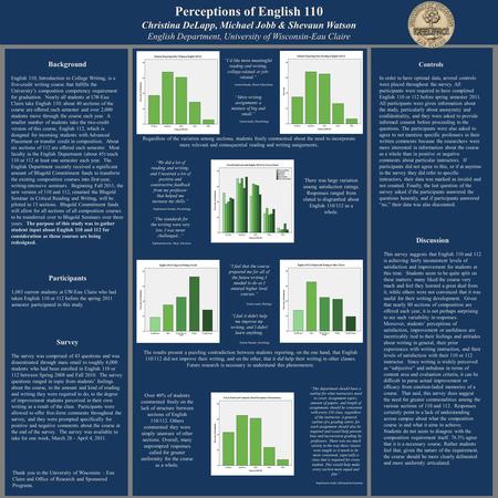 Perceptions of English 110 Christina DeLapp, Michael Jobb & Shevaun Watson English Department, University of Wisconsin-Eau Claire “I’d like more meaningful.