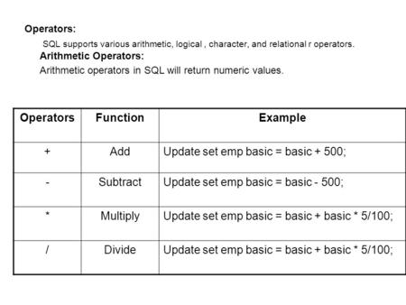 Operators: SQL supports various arithmetic, logical, character, and relational r operators. Arithmetic Operators: Arithmetic operators in SQL will return.