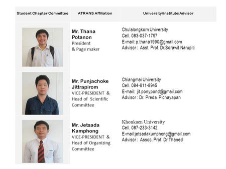 Student Chapter CommitteeATRANS AffiliationUniversity/Institute/Advisor Mr. Thana Potanon President & Page maker Chulalongkorn University Cell. 083-037-1797.