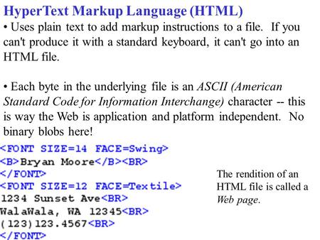 HyperText Markup Language (HTML) Uses plain text to add markup instructions to a file. If you can't produce it with a standard keyboard, it can't go into.