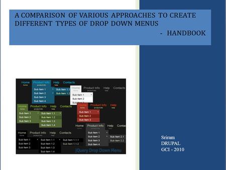 Sriram DRUPAL GCI - 2010. What is a drop down menu? A drop down menu is a menu of options that appears when an item is selected with a mouse. The item.