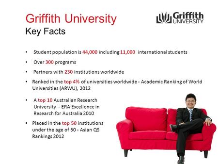 Griffith University Key Facts Student population is 44,000 including 11,000 international students Over 300 programs Partners with 230 institutions worldwide.