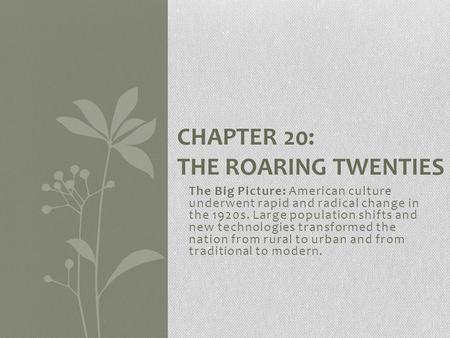 The Big Picture: American culture underwent rapid and radical change in the 1920s. Large population shifts and new technologies transformed the nation.