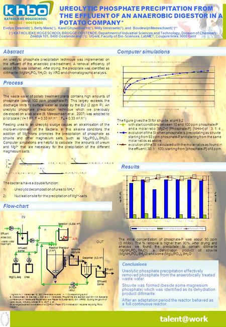 UREOLYTIC PHOSPHATE PRECIPITATION FROM THE EFFLUENT OF AN ANAEROBIC DIGESTOR IN A POTATO COMPANY* An ureolytic phosphate precipitation technique was implemented.