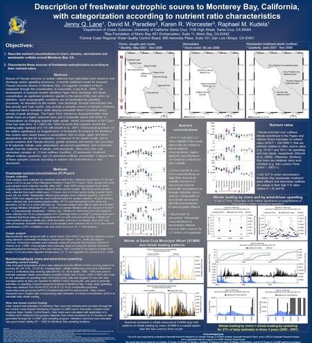 Description of freshwater eutrophic soures to Monterey Bay, California, with categorization according to nutrient ratio characteristics Jenny Q. Lane 1,