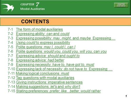 1 7-1 The form of modal auxiliariesThe form of modal auxiliaries 7-2 Expressing ability: can and couldExpressing ability: can and could 7-3 Expressing.