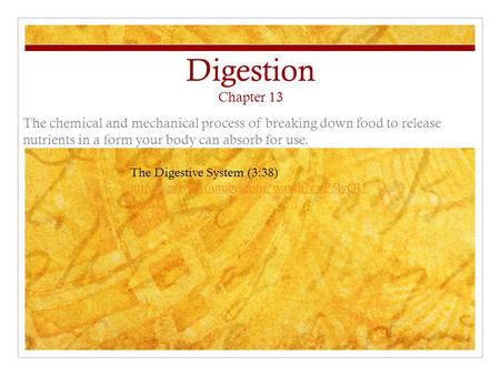 Digestion Chapter 13 The chemical and mechanical process of breaking down food to release nutrients in a form your body can absorb for use. The Digestive.