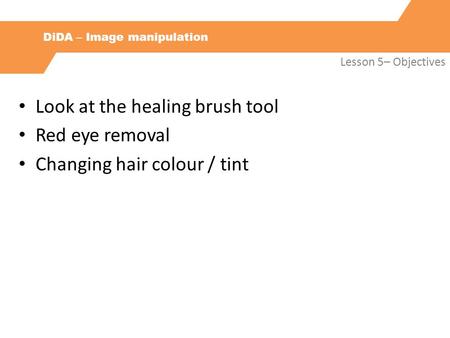 DiDA – Image manipulation Lesson 5– Objectives Look at the healing brush tool Red eye removal Changing hair colour / tint.