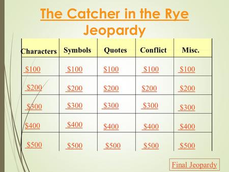 The Catcher in the Rye Jeopardy Characters SymbolsQuotesConflictMisc. $100 $200 $300 $400 $500 $100 $200 $300 $400 $500 Final Jeopardy.