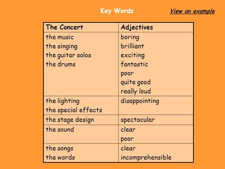 The ConcertAdjectives the music the singing the guitar solos the drums boring brilliant exciting fantastic poor quite good really loud the lighting the.