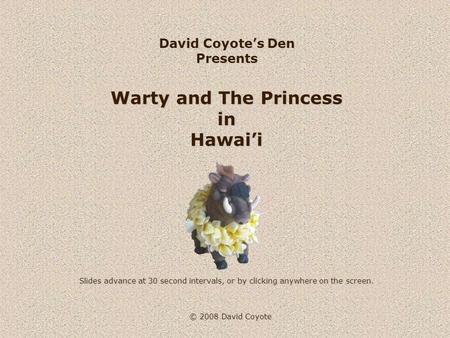 © 2008 David Coyote David Coyote’s Den Presents Warty and The Princess in Hawai’i Slides advance at 30 second intervals, or by clicking anywhere on the.