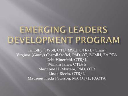 Timothy J. Wolf, OTD, MSCI, OTR/L (Chair) Virginia (Ginny) Carroll Stoffel, PhD, OT, BCMH, FAOTA Debi Hinerfeld, OTR/L William Janes, OTD/S Marianne H.