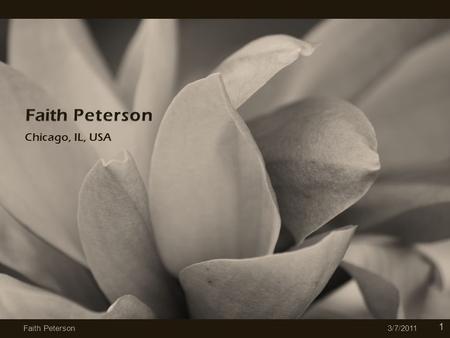 Chicago, IL, USA 3/7/2011 1 Faith Peterson.  User experience designer  Web site implementer  Initiator and catalyst  Mother, daughter, sister, friend.