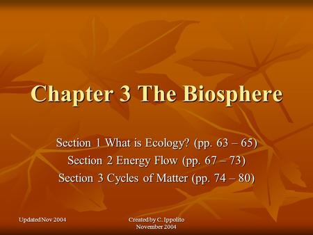 Updated Nov 2004 Created by C. Ippolito November 2004 Chapter 3 The Biosphere Section 1 What is Ecology? (pp. 63 – 65) Section 2 Energy Flow (pp. 67 –