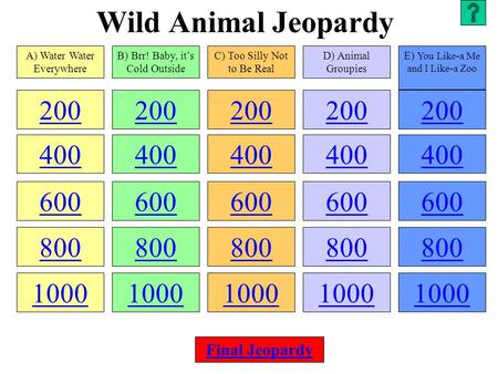 Wild Animal Jeopardy 200 400 600 800 1000 200 400 600 800 1000 200 400 600 800 1000 200 400 600 800 1000 200 400 600 800 1000 A) Water Water Everywhere.