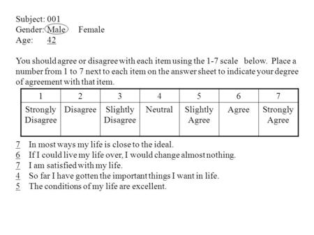 Subject:001 Gender: MaleFemale Age: 42 You should agree or disagree with each item using the 1-7 scale below. Place a number from 1 to 7 next to each item.