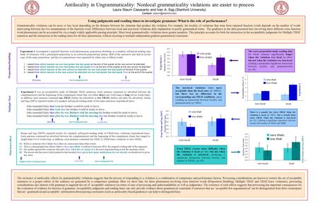 Antilocality in Ungrammaticality: Nonlocal grammaticality violations are easier to process Laura Staum Casasanto and Ivan A. Sag (Stanford University)