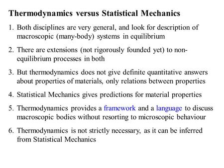 Thermodynamics versus Statistical Mechanics