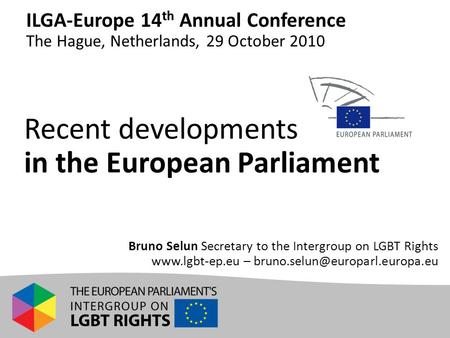 Recent developments in the European Parliament Bruno Selun Secretary to the Intergroup on LGBT Rights  – ILGA-Europe.