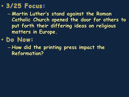 Pope Leo X excommunicated Luther in 1520 after Luther refused to recant his statements – Realized that Luther had become a threat Holy Roman Emperor.