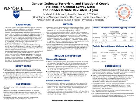 METHOD  Data come from the National Violence Against Women Survey (NVAW) for current husbands (n = 4846), current wives (n = 5126), first ex- husbands.