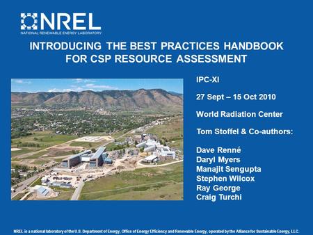 NREL is a national laboratory of the U.S. Department of Energy, Office of Energy Efficiency and Renewable Energy, operated by the Alliance for Sustainable.