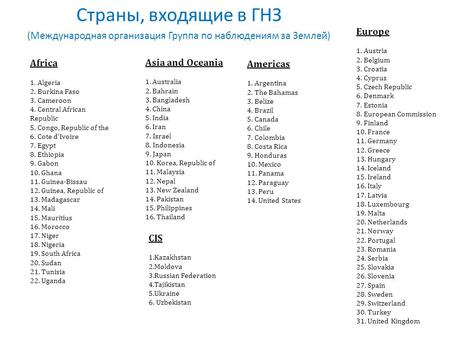 Americas 1. Argentina 2. The Bahamas 3. Belize 4. Brazil 5. Canada 6. Chile 7. Colombia 8. Costa Rica 9. Honduras 10. Mexico 11. Panama 12. Paraguay 13.