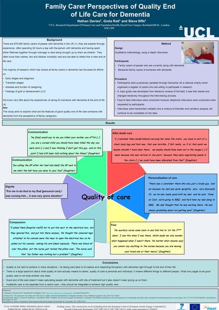 Family Carer Perspectives of Quality End of Life Care for Dementia Nathan Davies 1, Greta Rait 1 and Steve Iliffe 1 1 UCL, Research Department of Primary.