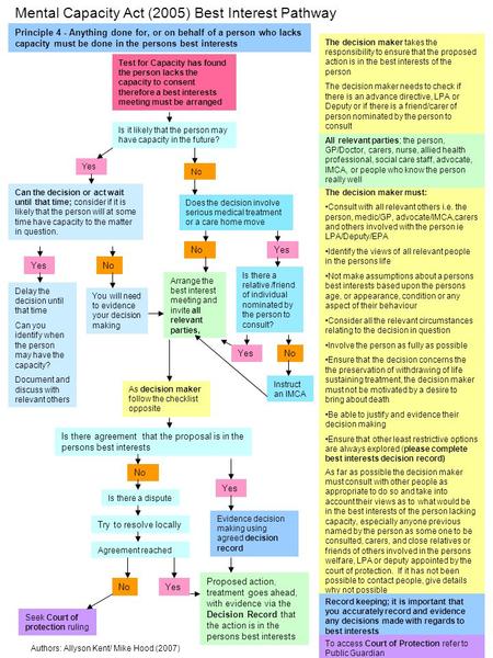 Principle 4 - Anything done for, or on behalf of a person who lacks capacity must be done in the persons best interests Test for Capacity has found the.