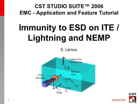 1 www.cst.com Internal loop Slot Strap ESD simulator Cable to the Oscilloscope Point A Point B CST STUDIO SUITE™ 2006 EMC - Application and Feature Tutorial.