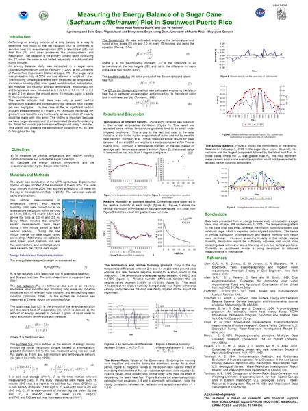 Measuring the Energy Balance of a Sugar Cane (Sacharum officinarum) Plot in Southwest Puerto Rico Victor Hugo Ramirez Builes 1 and Eric W. Harmen 2 1 Agronomy.